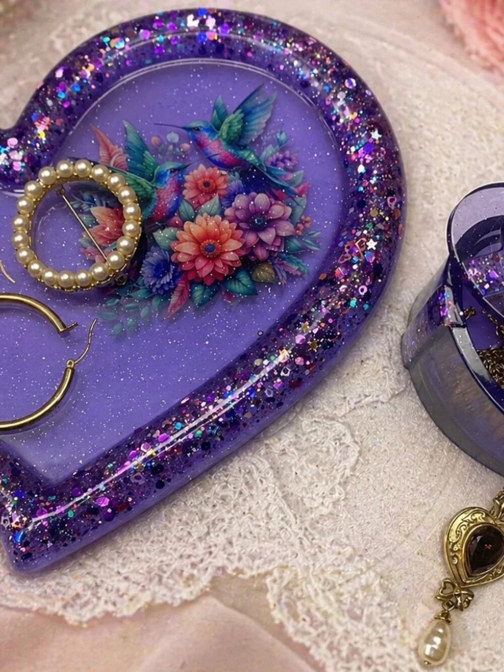 Purple Heart Tray and Jar Set, Hummingbird Resin Organizer, Feminine Shimmer